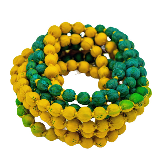 Two-Toned — Sari Silk Bead Necklace, 1-String — Green and Yellow — detail of beads