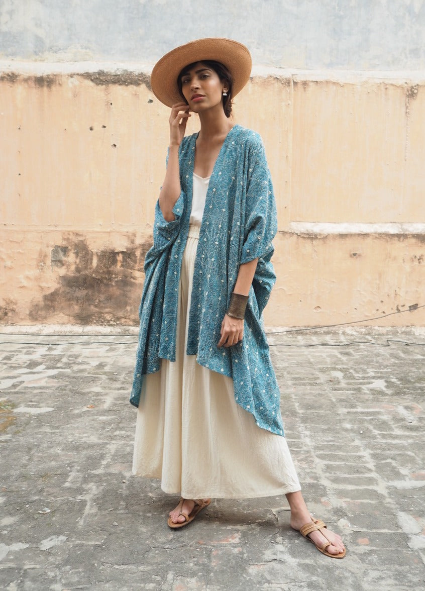 Wild Tussar Silk Kantha Robe — Blue Floral