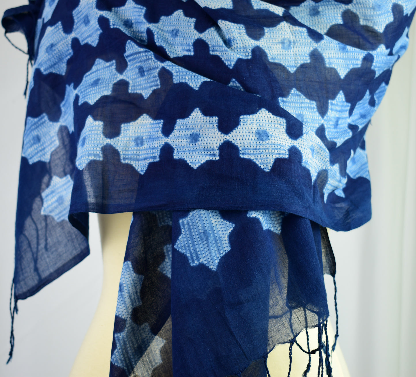 Cotton Shibori Scarf — Indigo Star Pattern — styling view