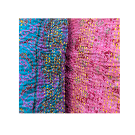 Kantha Silk Sari Shawl — Rose Pink and Teal — draped