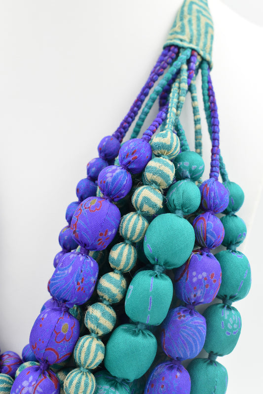 Peppermint — Sari Silk Necklace, Iris Style — Purple and Mint — detail of beads