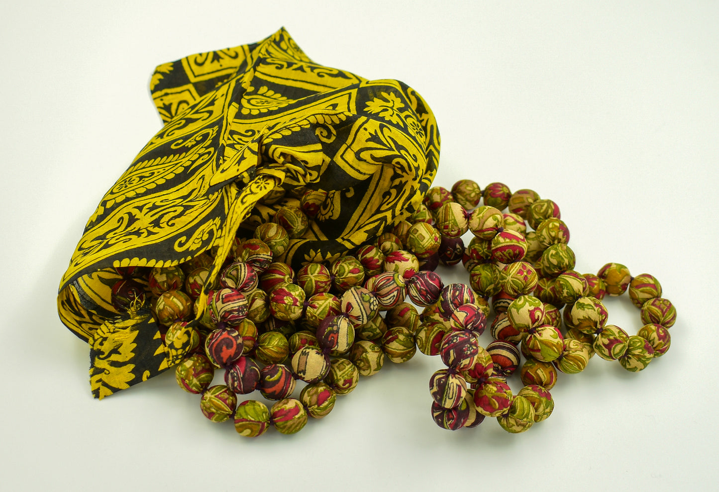 Sari Silk Bead Necklace, 3-String — Green, Maroon and Rust — close-up detail