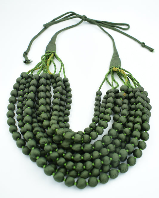 Growth — Sari Silk Bead Necklace, 12-String — Forest Green — detail of beads