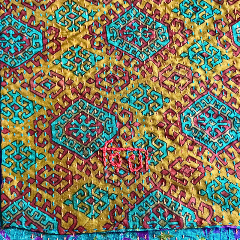 Kantha Silk Sari Shawl — Blue and Deep Olive — styling view