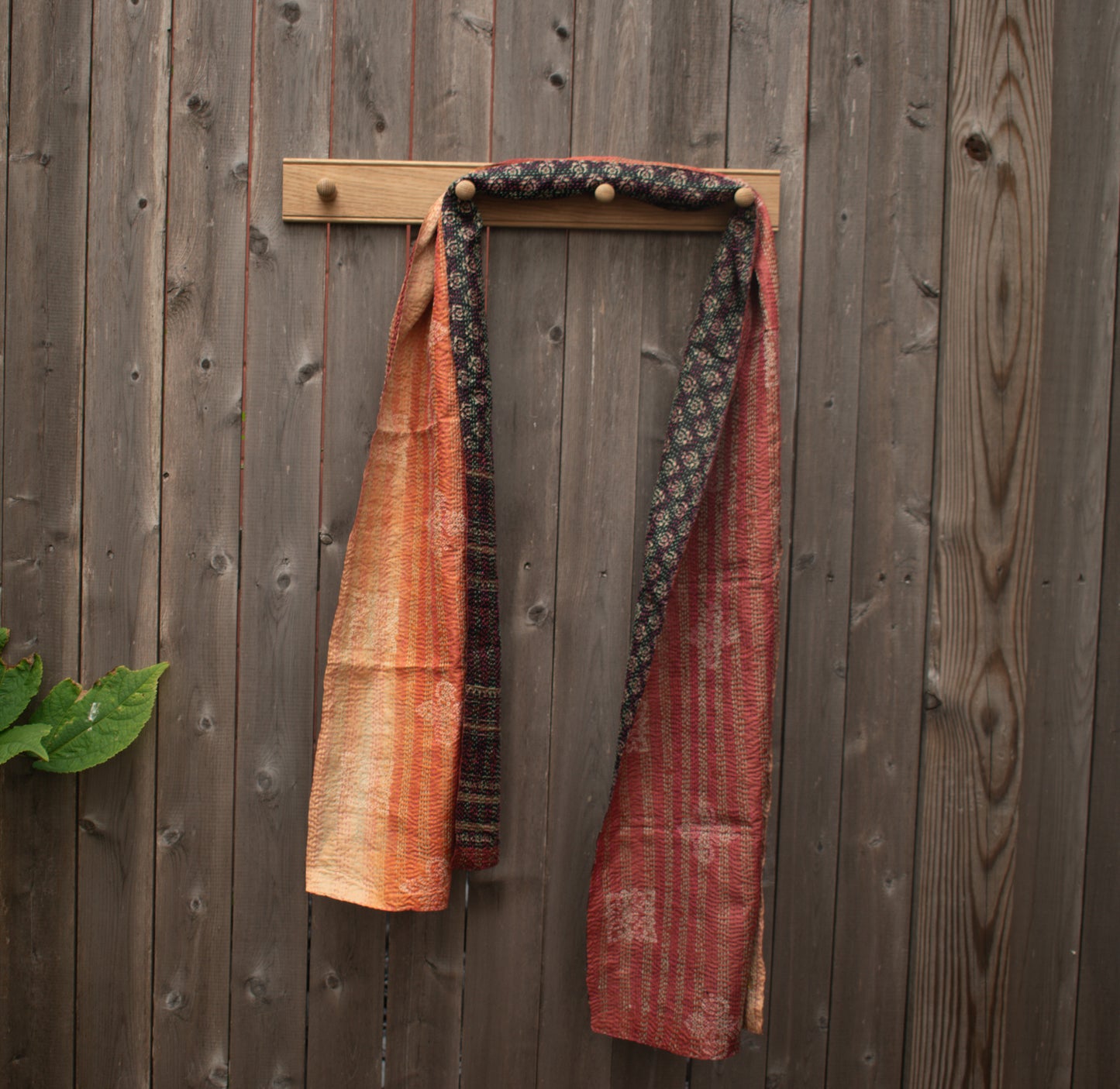 Kantha Silk Sari Shawl — Orange and Black Print, Gold Border — styling view