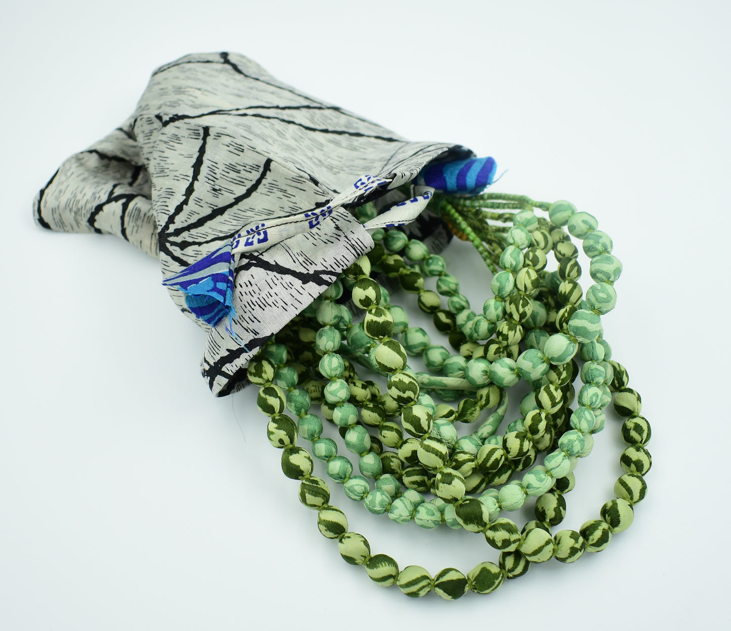 Verdant — Sari Silk Bead Necklace, 12-String — Shades of Green — close-up detail