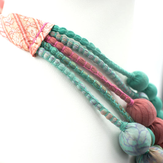Sari Silk Bead Necklace, 5-String — Peach and Mint — detail of beads