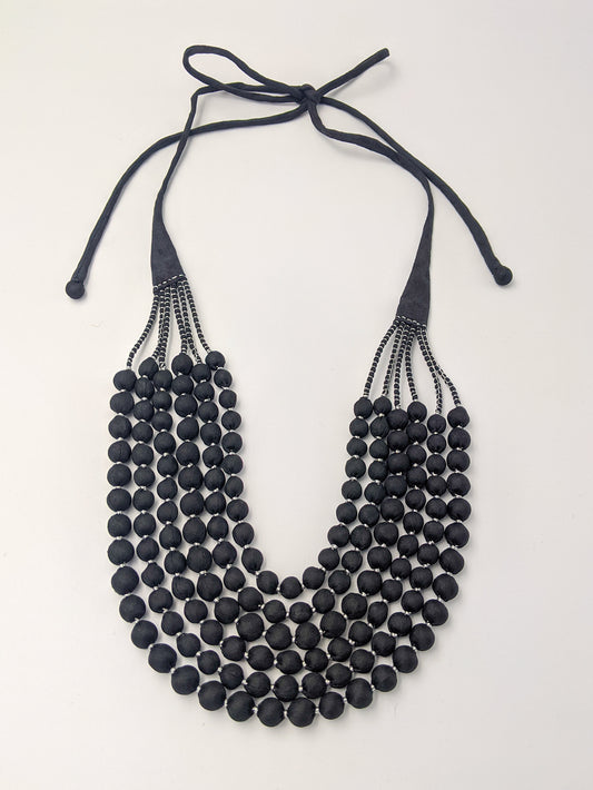 Sari Silk Bead Necklace, 6-String — Black and Silver — detail of beads
