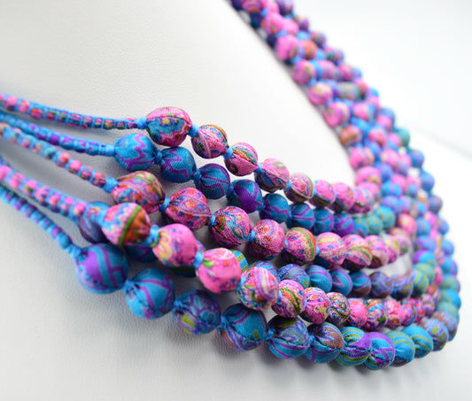 Nantucket Sound — Sari Silk Bead Necklace, 6-String — Pink and Blue — detail of beads