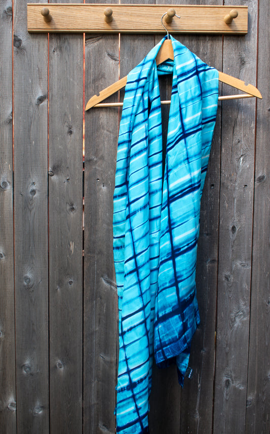 Silk Shibori Scarf — Shades of Blue — draped