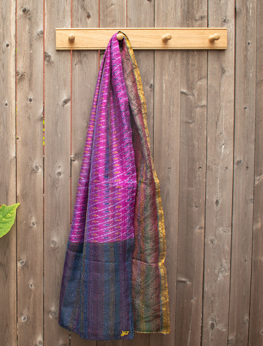 Kantha Silk Sari Shawl — Pink Ikat — draped