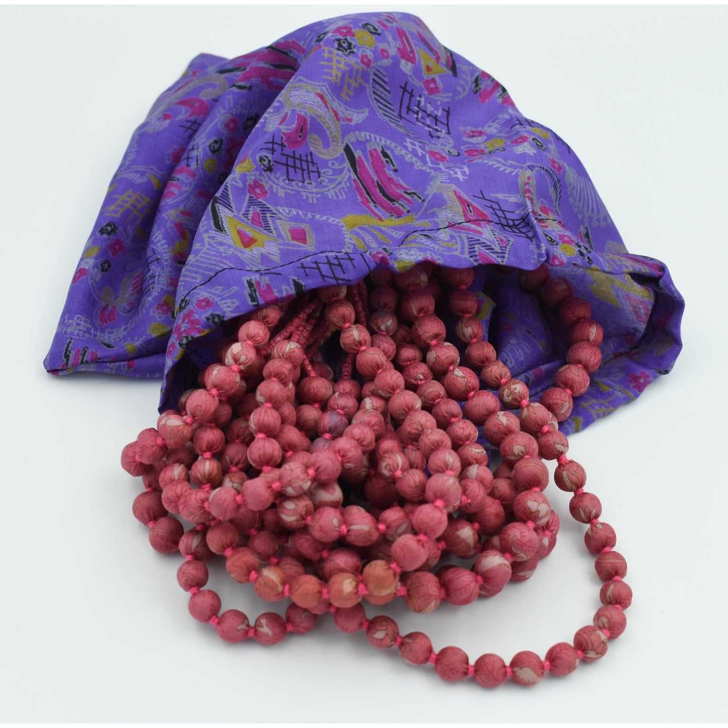 Rosie — Sari Silk Bead Necklace, 12-String — Deep Rose