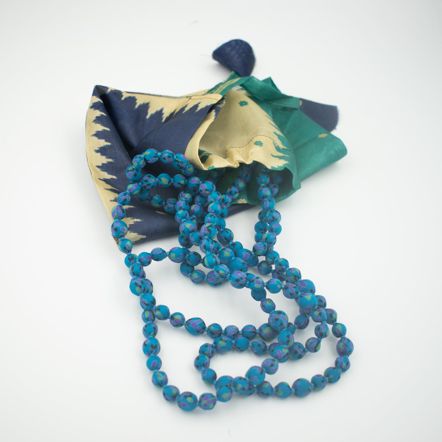 Sari Silk Bead Necklace, 1-String — Blue — styling view
