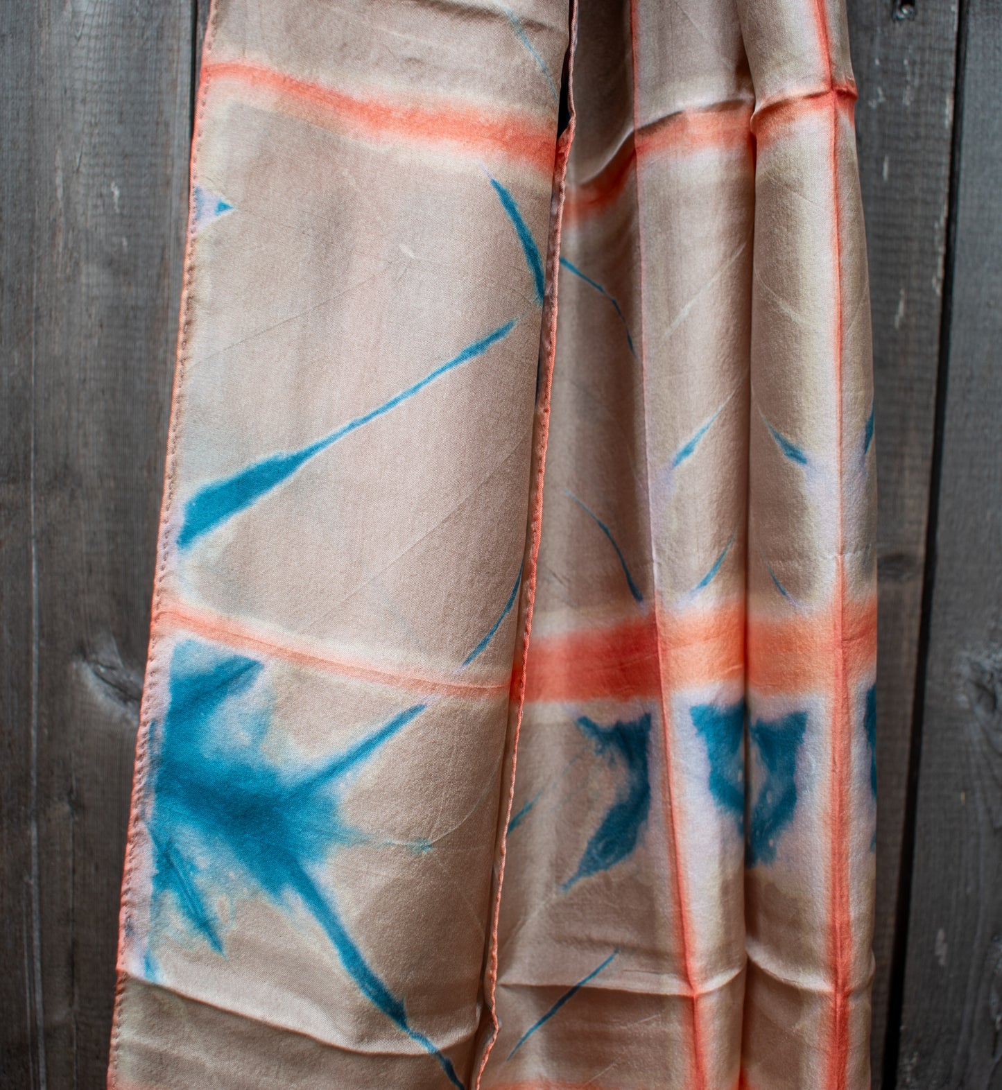 Silk Shibori Scarf — Beige, Peach and Indigo — styling view