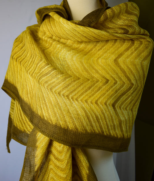 Linen Shibori Scarf — Mustard and Brown Chevron — draped