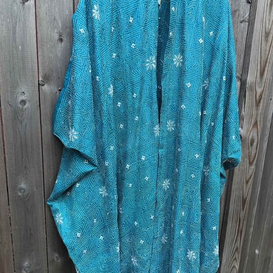 Wild Tussar Silk Kantha Robe — Blue Floral