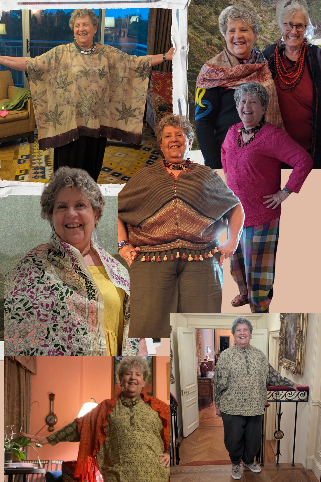 Seven photographs of Barbara wearing Premaasi clothing: obi tuck pants, a silk kaftan, a block print shirt, kantha shawls.