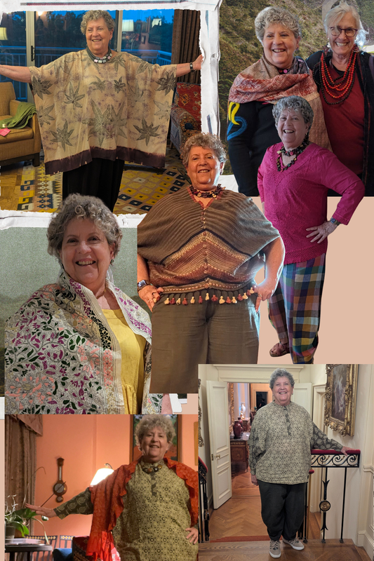 Seven photographs of Barbara wearing Premaasi clothing: obi tuck pants, a silk kaftan, a block print shirt, kantha shawls.