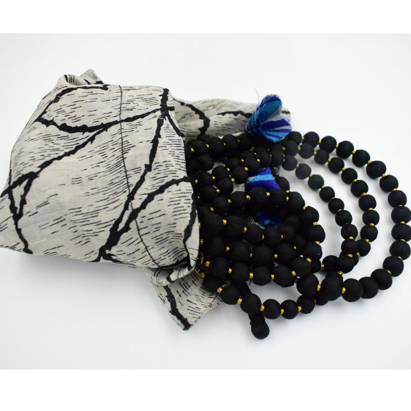 Raven Gold — Sari Silk Bead Necklace, 6-String — Black and Gold — worn on neck