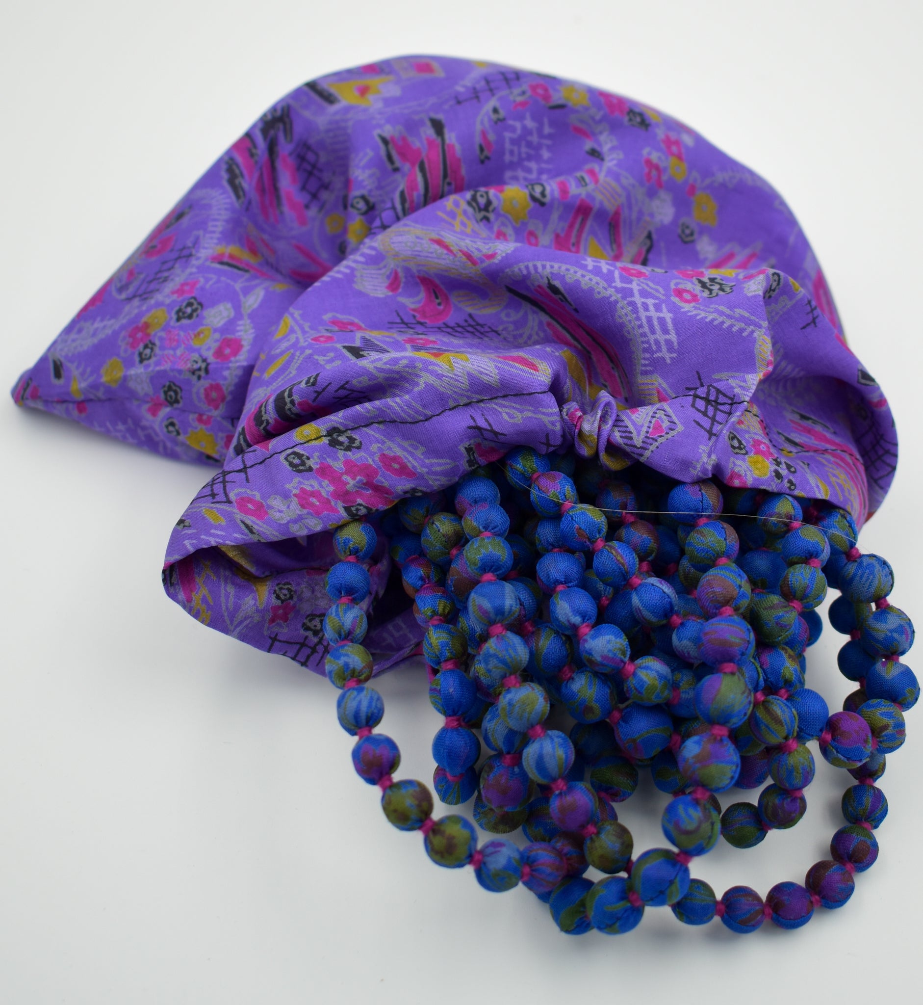 Sari Silk Bead Necklace, 12-String — Blue Violet — close-up detail