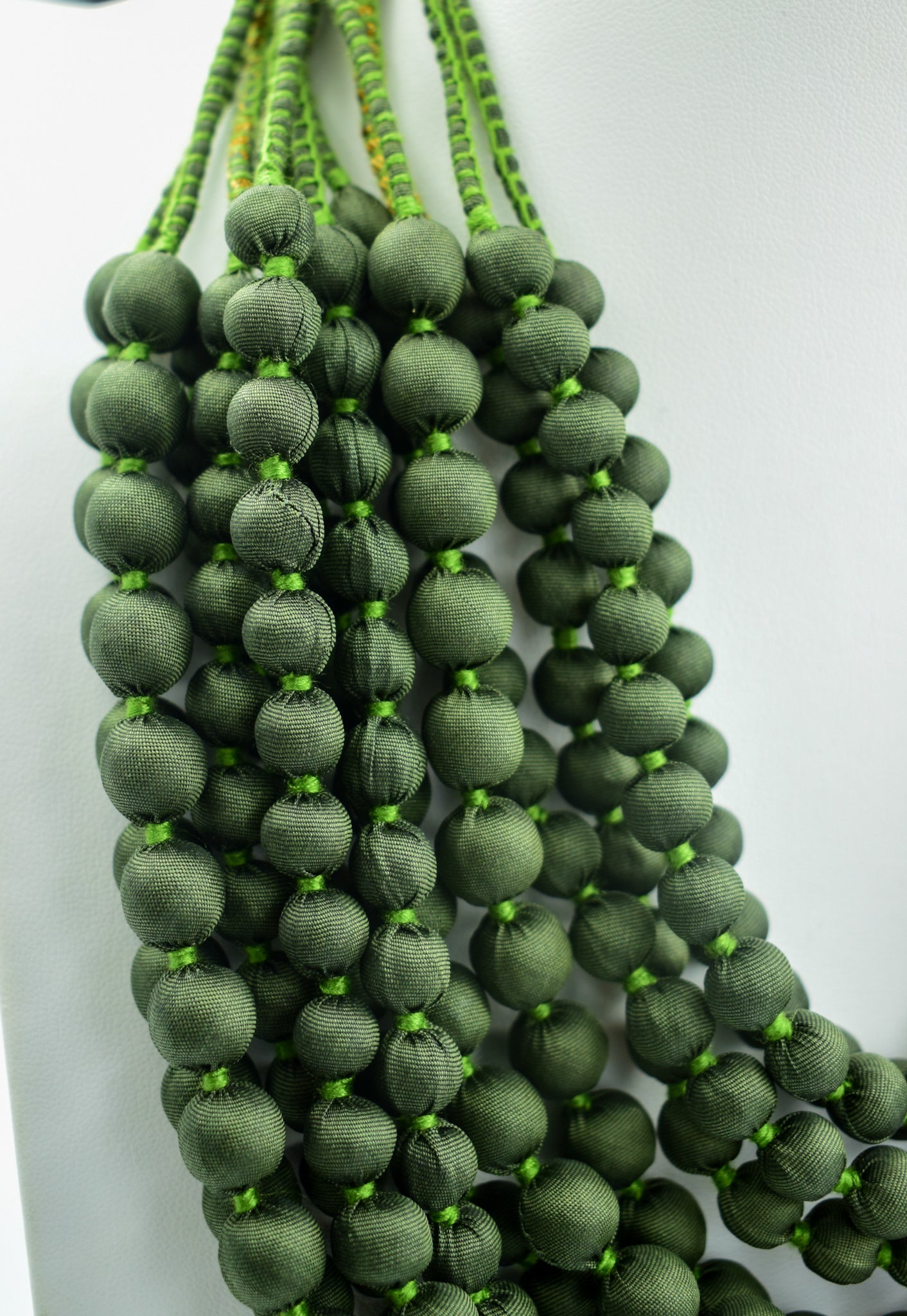 Growth — Sari Silk Bead Necklace, 12-String — Forest Green — worn on neck