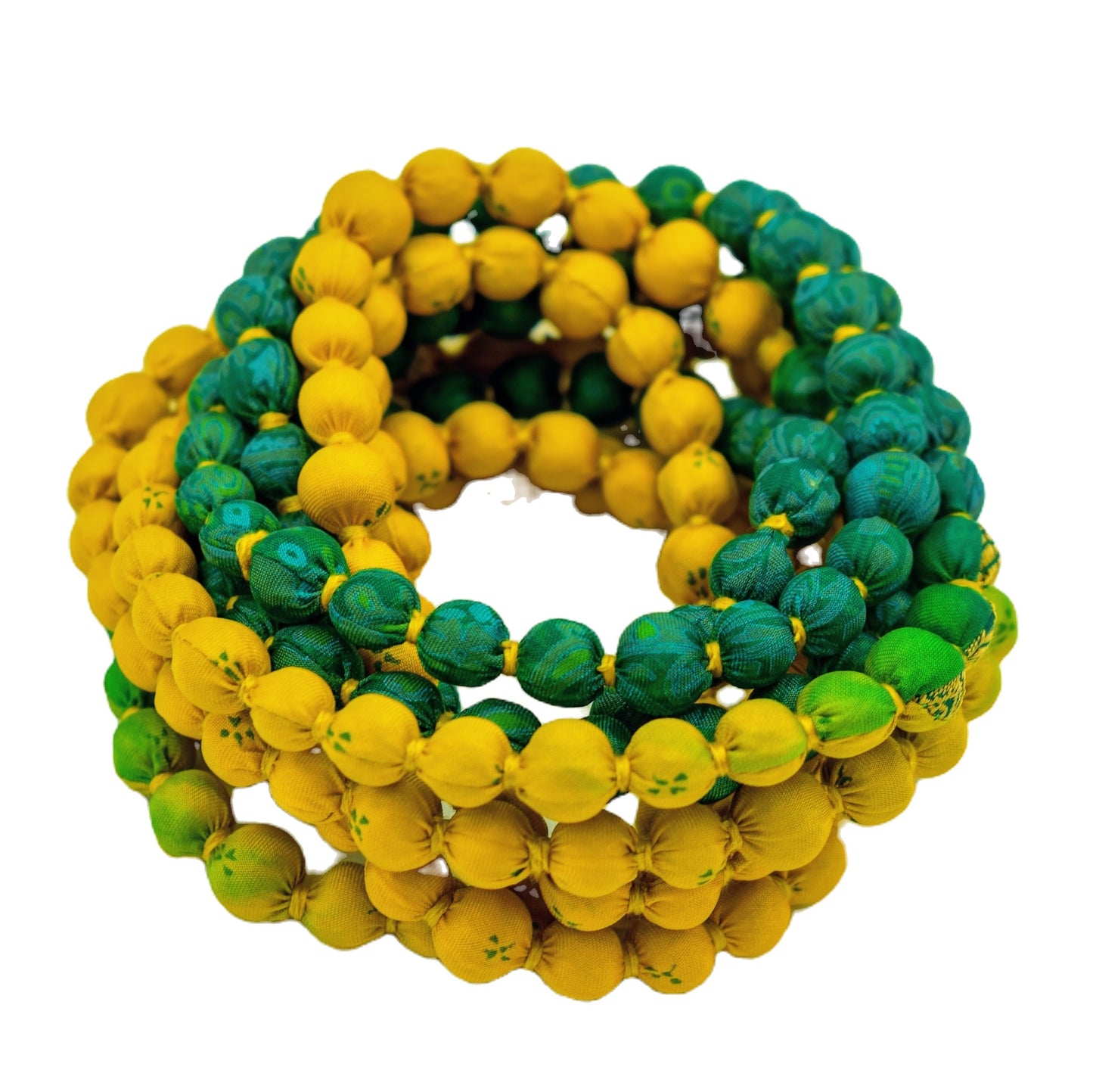 Two-Toned — Sari Silk Bead Necklace, 1-String — Green and Yellow — detail of beads