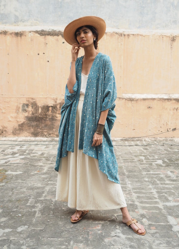 Wild Tussar Silk Kantha Robe — Blue Floral