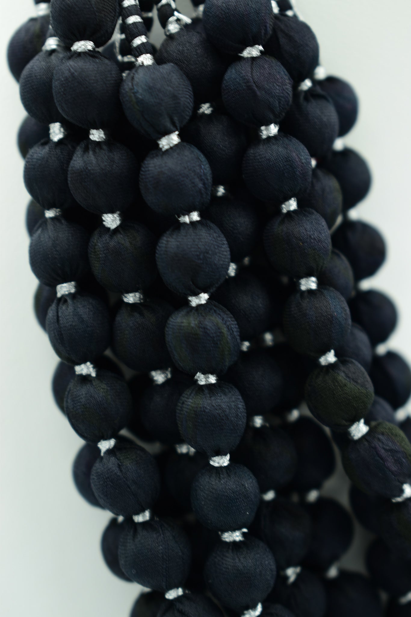 Ebony — Sari Silk Bead Necklace, 12-String — Black and Silver — detail of beads
