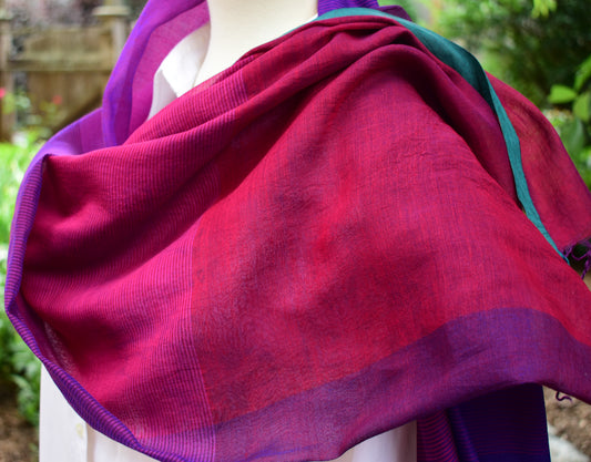 Handwoven Cotton-Silk Scarf — Hot Pink — styling view