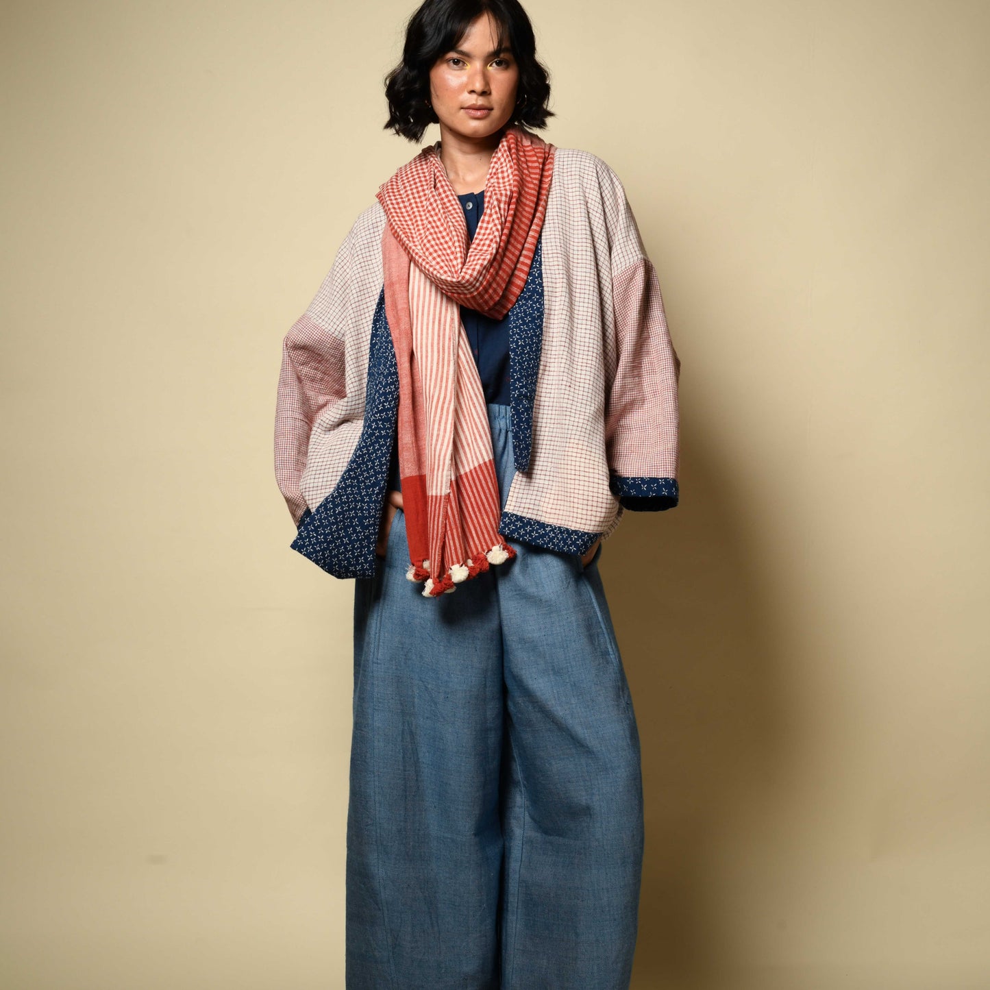 Gamcha cotton scarf red and white worn styled
