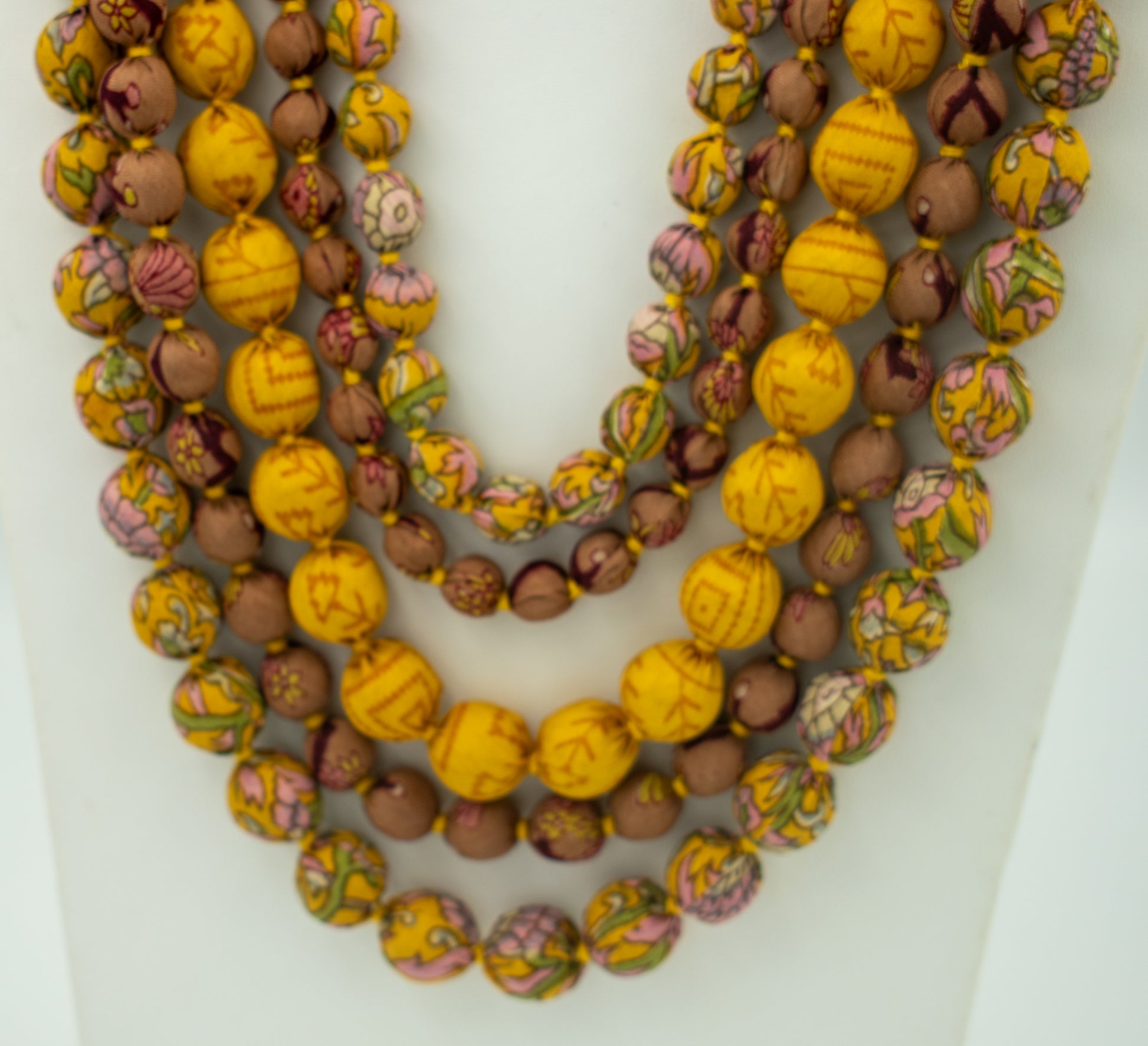 Sari Silk Bead Necklace, 5-String — Mustard and Chocolate — styling view