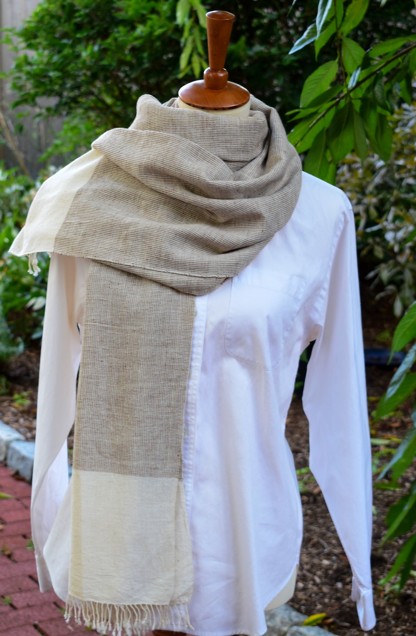 Kala Cotton Scarf — Ecru and Brown — texture detail