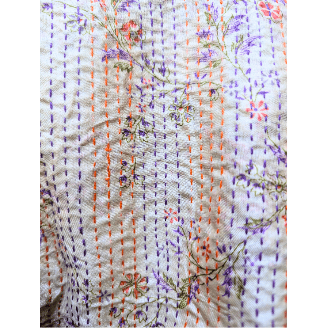 Kantha Silk Sari Shawl — Brown and Cream Floral — styling view