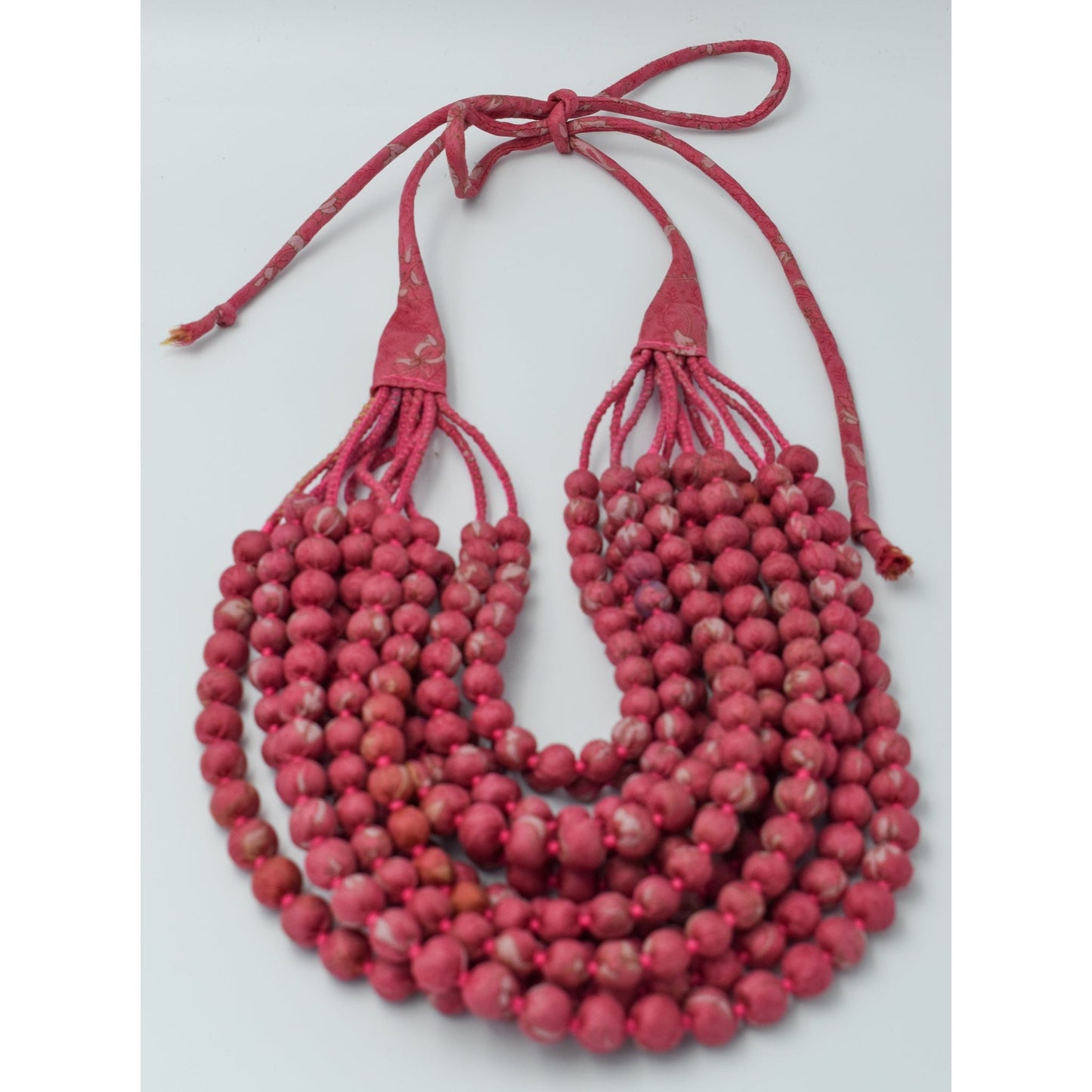 Rosie — Sari Silk Bead Necklace, 12-String — Deep Rose