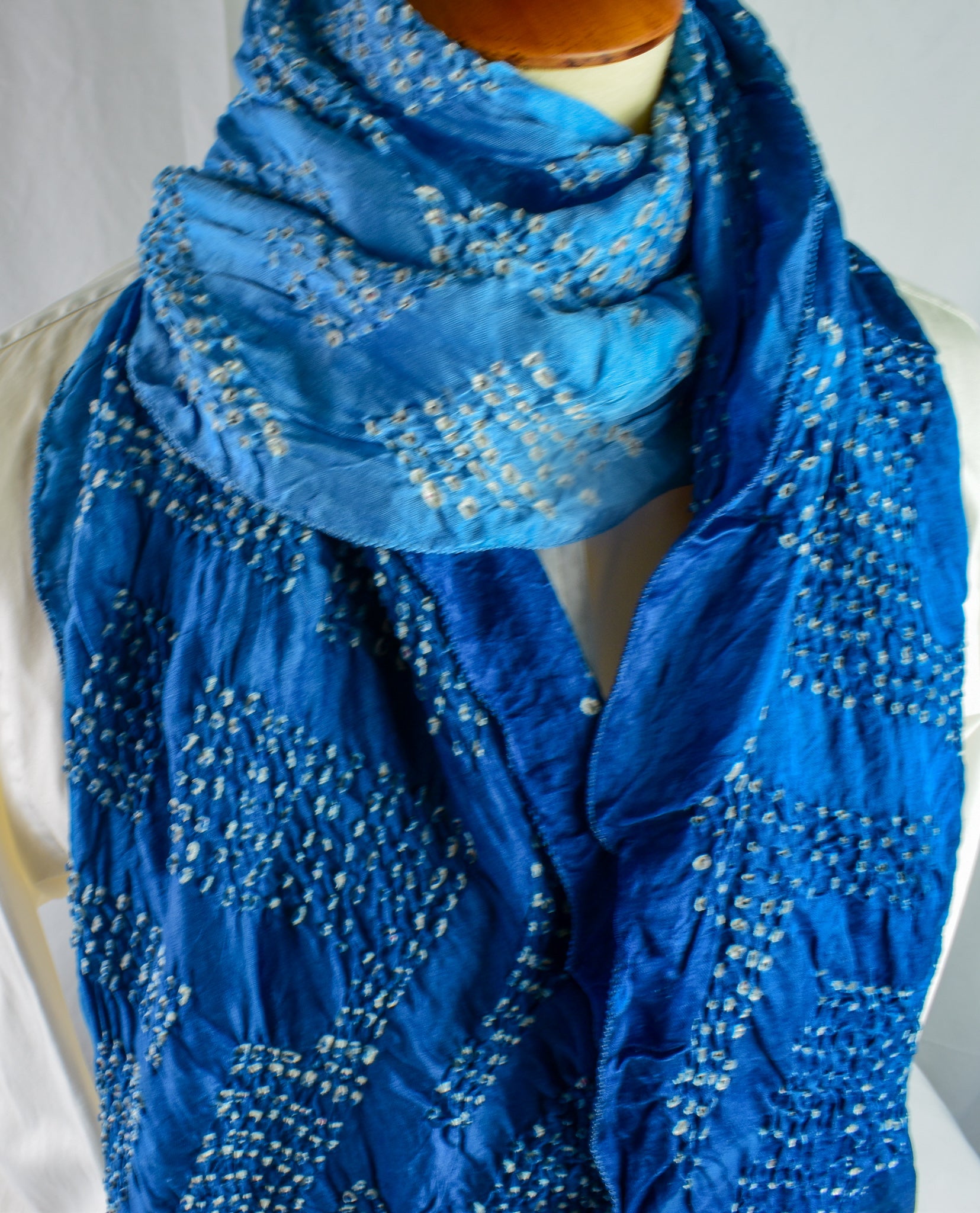 Silk Bandhani Scarf — Blue Ombre — styling view