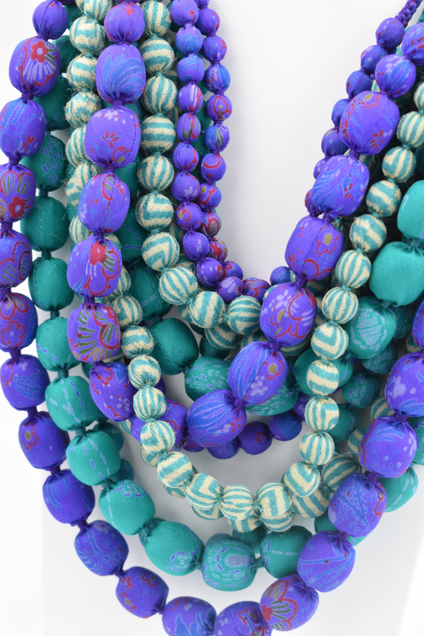 Peppermint — Sari Silk Necklace, Iris Style — Purple and Mint — styling view