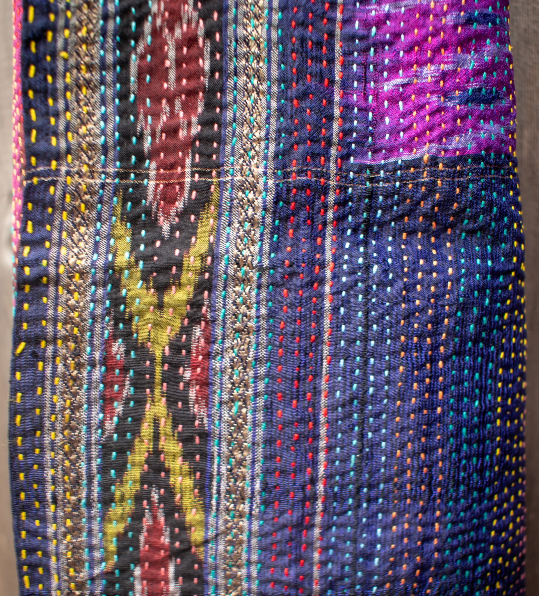 Kantha Silk Sari Shawl — Pink Ikat — styling view