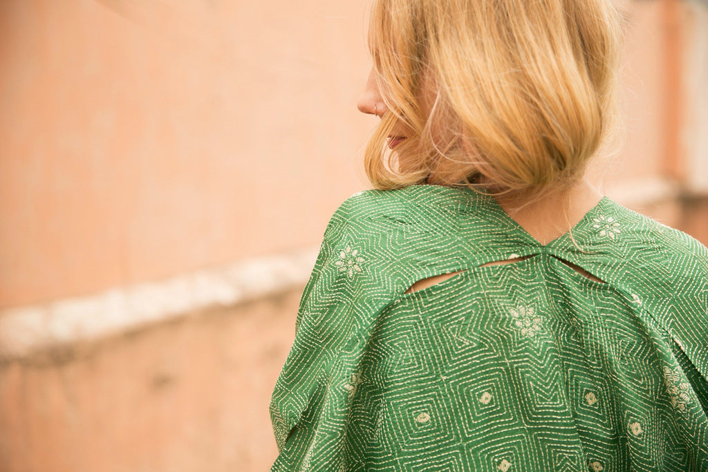 Wild Tussar Silk Kantha Robe — Green Floral — styling view