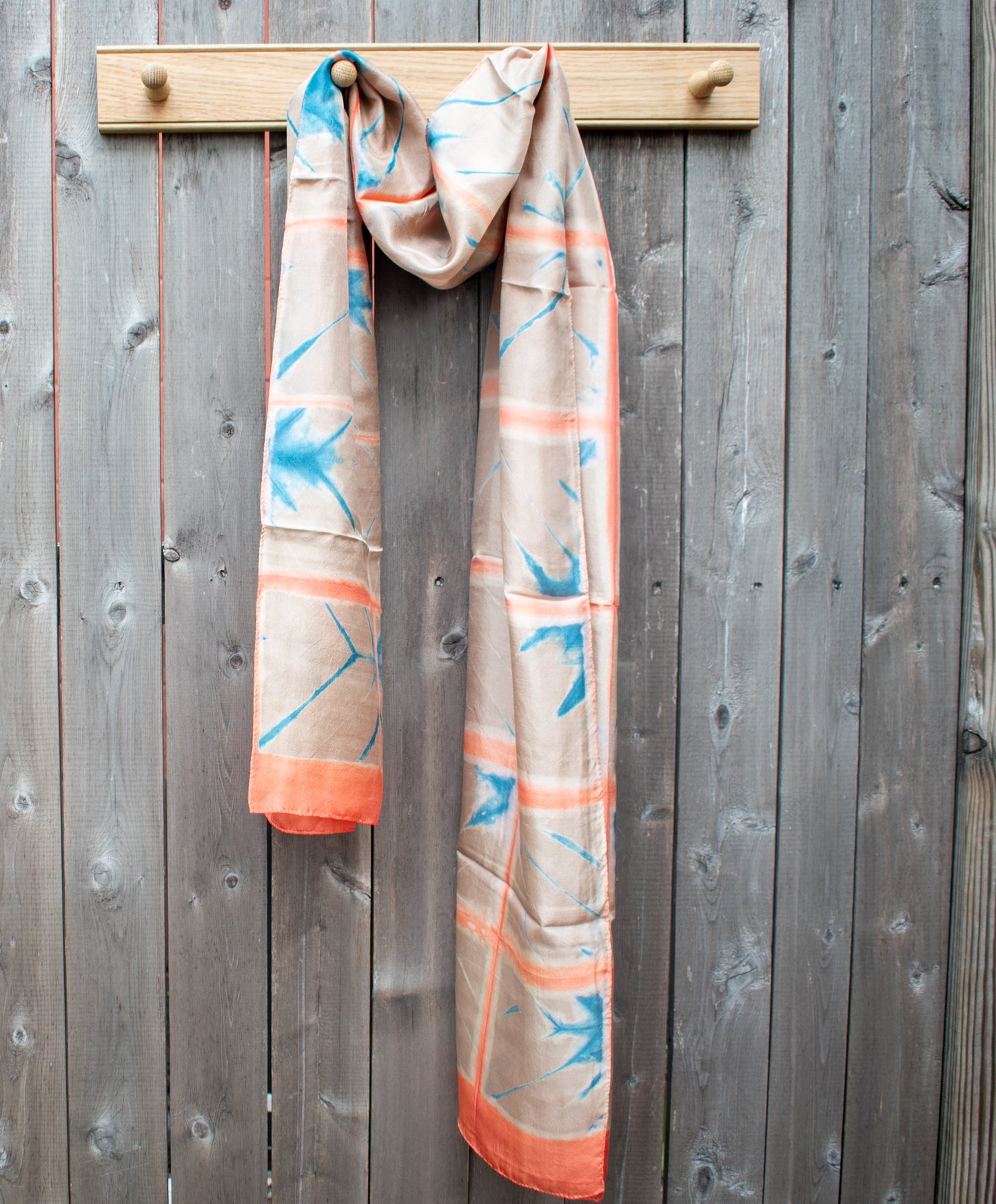 Silk Shibori Scarf — Beige, Peach and Indigo — draped