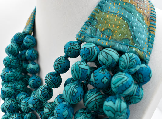 Teal Magic — Sari Kantha Bead Necklace — Blue and Green — detail of beads