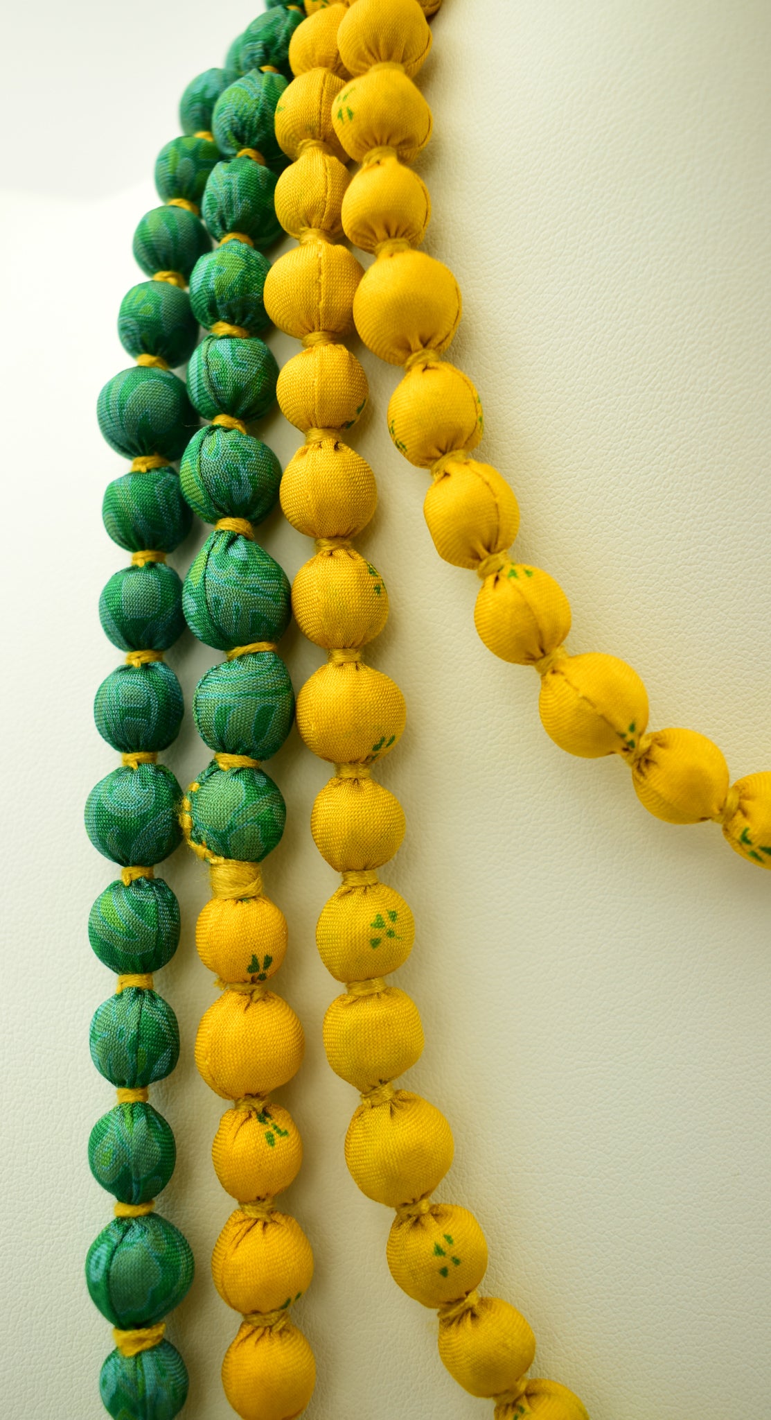 Two-Toned — Sari Silk Bead Necklace, 1-String — Green and Yellow — close-up detail