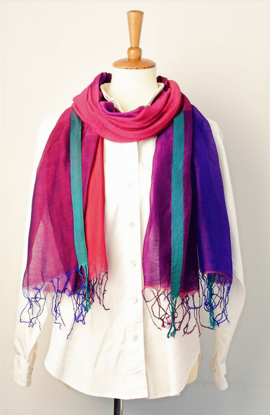 Handwoven Cotton-Silk Scarf — Hot Pink — draped