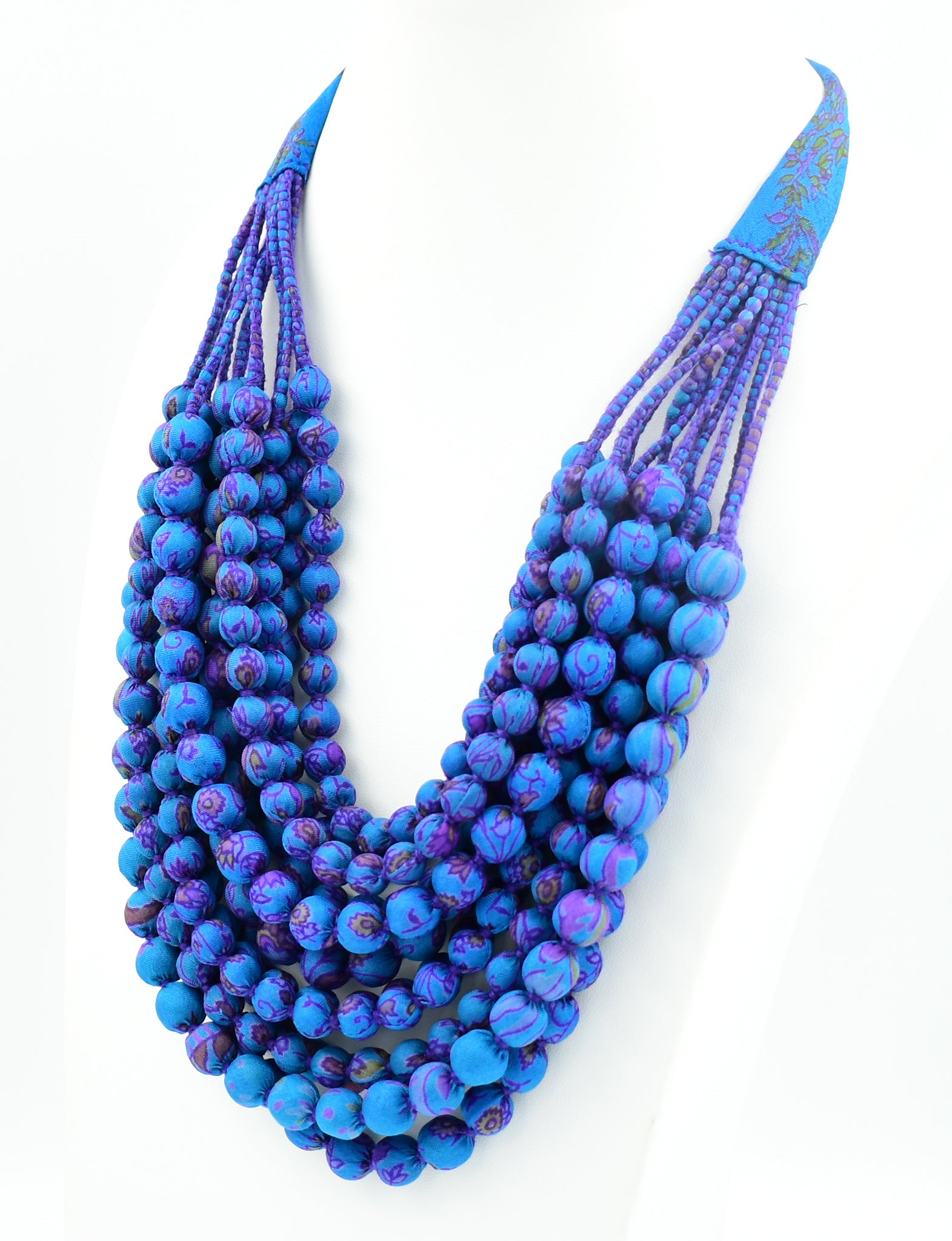 Sari Silk Bead Necklace, 12-String — Blue and Purple