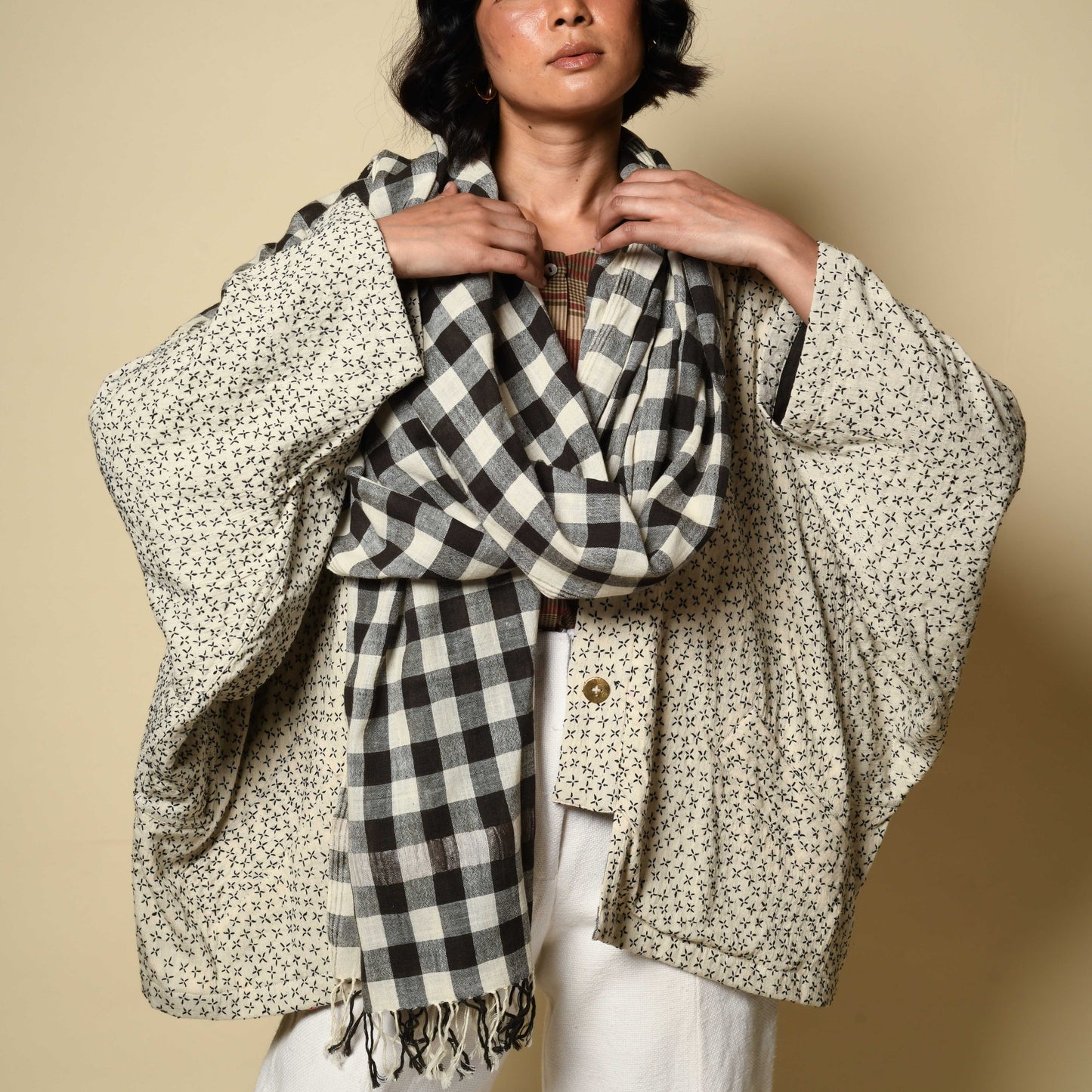 Gamcha cotton scarf black and white worn styled