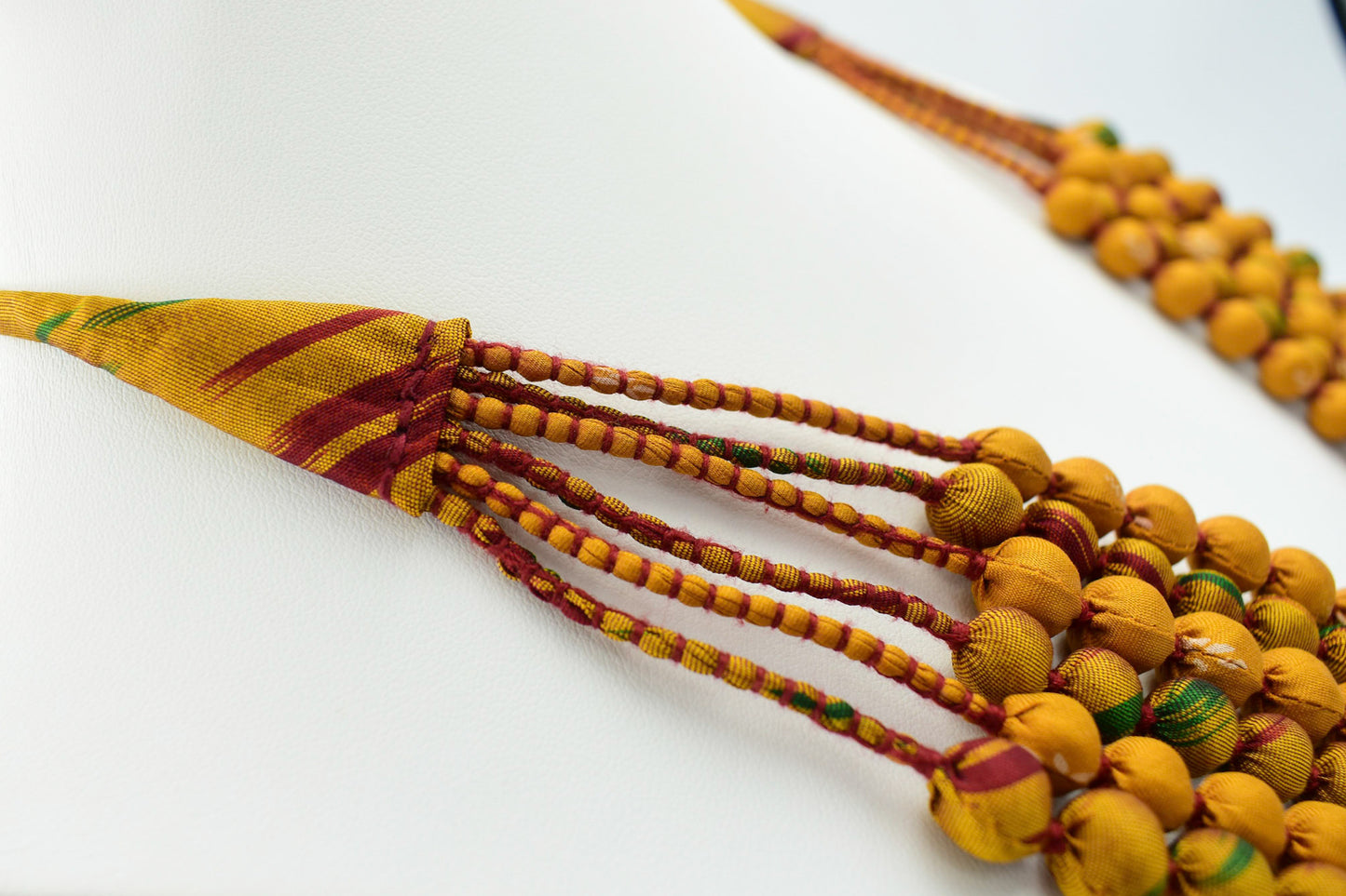 Gold Dust — Sari Silk Bead Necklace, 6-String — Mustard and Maroon — worn on neck