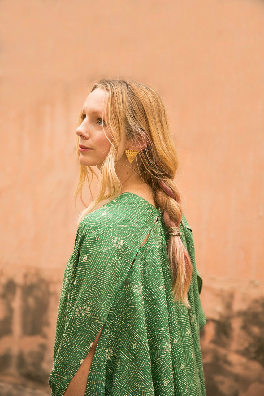 Wild Tussar Silk Kantha Robe — Green Floral