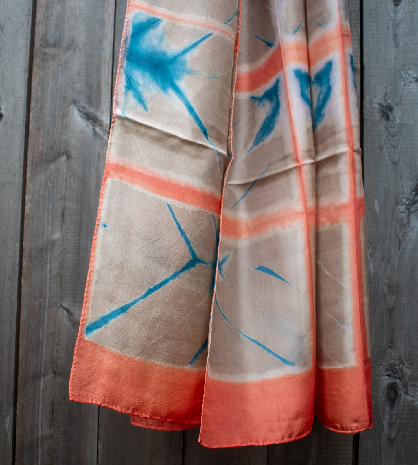 Silk Shibori Scarf — Beige, Peach and Indigo — texture detail