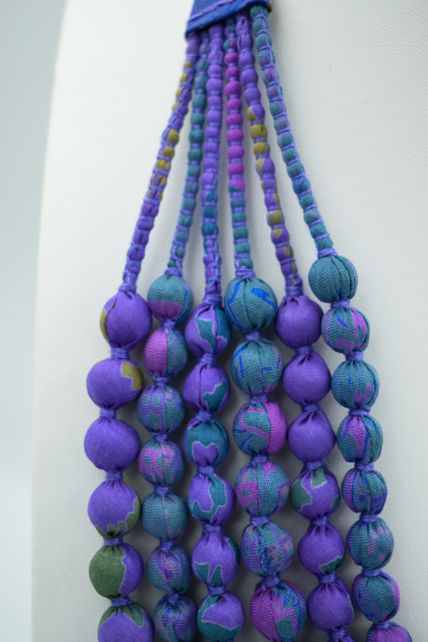 Sari Silk Bead Necklace, 6-String — Mauve and Aqua — worn on neck