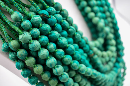 Spring — Sari Silk Bead Necklace, 22-String — Green — detail of beads