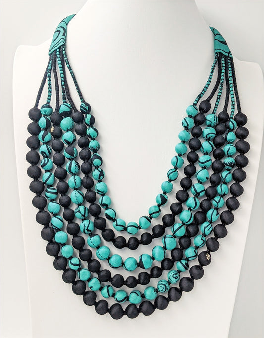 Sari Silk Bead Necklace, 6-String — Mint and Black